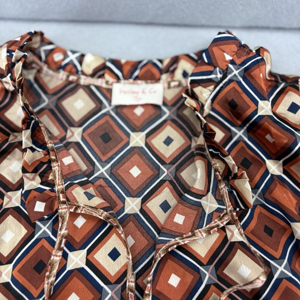 Hailey & Co Geometric Brown & Orange Tiered Ruffle Dress SZ 3XL Boho, Peasant - Picture 8 of 12